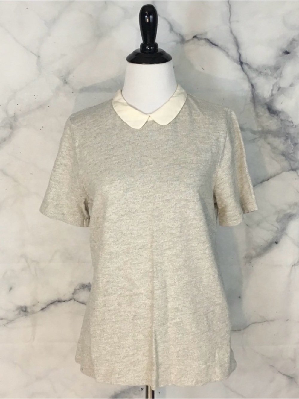 J. Crew Cream and Gray Short Sleeve Top with Silk Ivory Peter Pan Collar